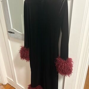 Modesees Velvet Faux Ostrich Feather Cuffs & Hem Maxi Dress NWT